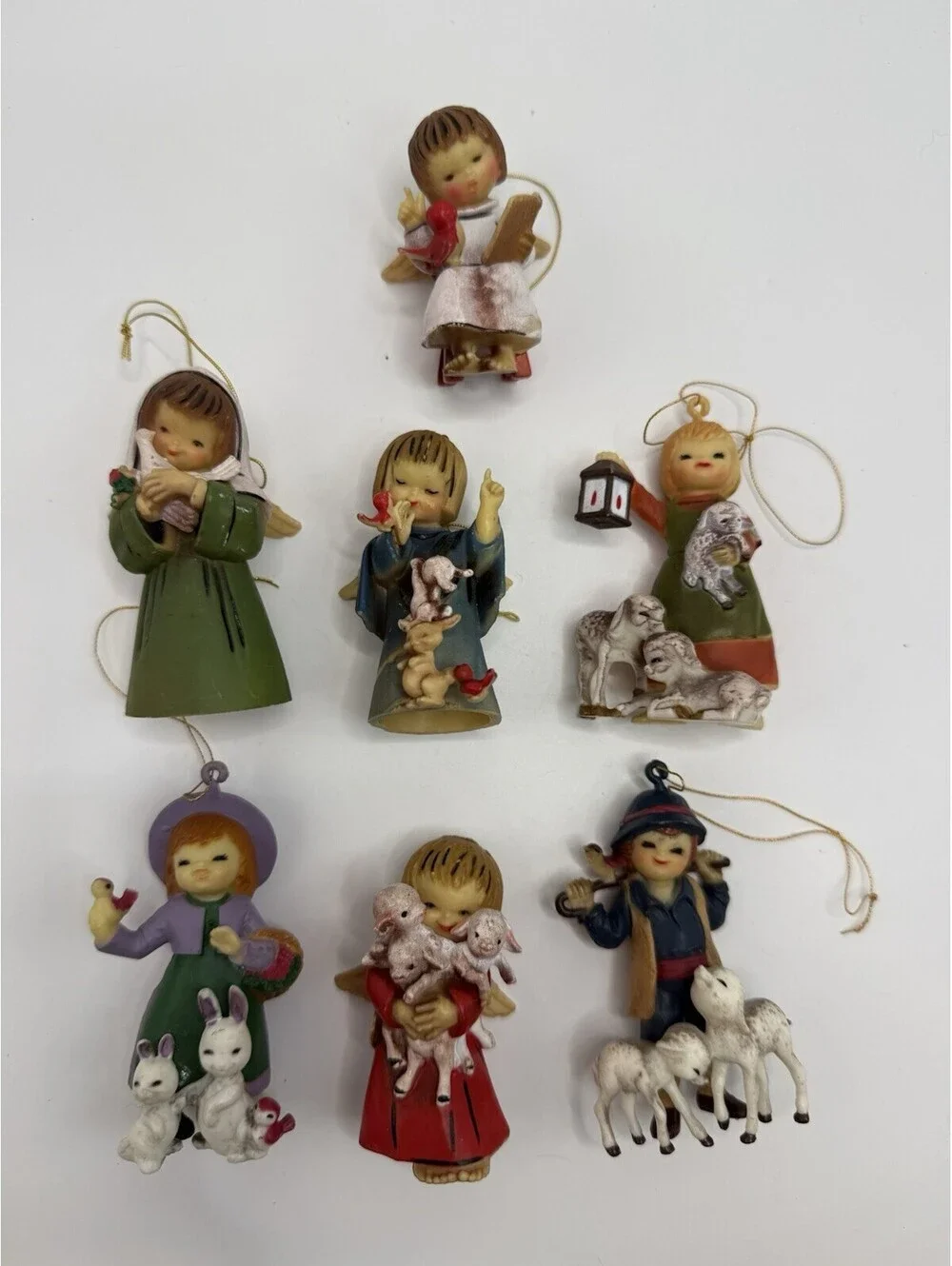 Vintage 1960s Little Angels Christmas Ornaments Bunnies Sheep Bird Set Of 7